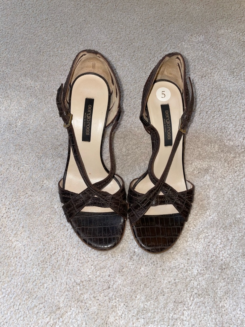 Sergio Rossi Dark Brown Croc-Embossed Leather Strappy Heels